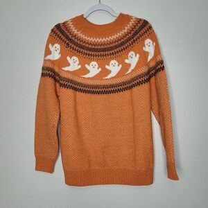 Orange Ghost Halloween Knit Pullover Ugly Retro Cute Sweater Size Xl